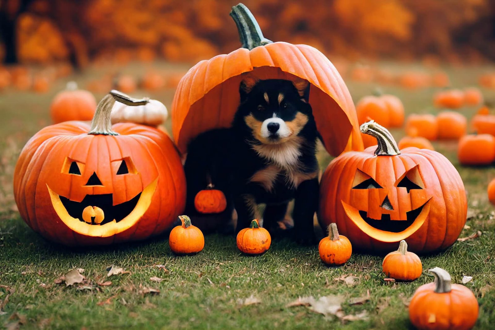 Small dog sitting in a pumpkin patch surrounded by carved jack-o’-lanterns and autumn leaves, with one large pumpkin half-sheltering the dog.