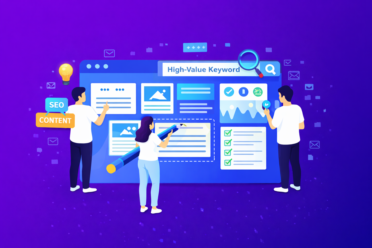 Team developing website content and optimizing high-value keywords on a digital dashboard.